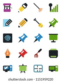 Color and black flat icon set - presentation board vector, drawing pin, job, pencil, garden fork, rake, well, hdmi, fingerprint id, cellular signal, ink pen, plan, pc