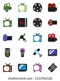 Color and black flat icon set - tv vector, reel, satellite, video camera, remote control