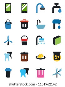 Color and black flat icon set - trash bin vector, shower, bucket, tooth, mobile, blank box, water supply, bathroom, serviette, filter, windmill