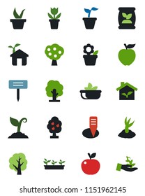 Color and black flat icon set - flower in pot vector, seedling, tree, sproute, plant label, fertilizer, fruit, salad, apple, eco house, palm