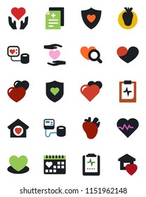 Color and black flat icon set - heart vector, pulse, diagnosis, blood pressure, diagnostic, shield, hand, real, medical calendar, clipboard, sweet home