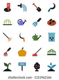 Color and black flat icon set - job vector, garden fork, rake, watering can, sproute, hoe, sickle, plant label, pumpkin, greenhouse, seeds, fruit tree, irrigation