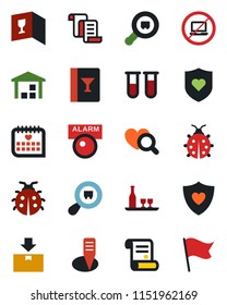 Color and black flat icon set - no laptop vector, contract, lady bug, plant label, blood test vial, heart diagnostic, shield, medical calendar, warehouse, package, search cargo, alcohol, wine card