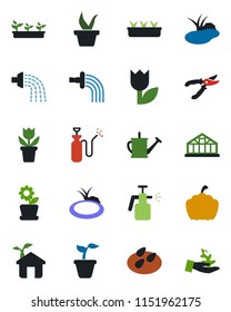 Color and black flat icon set - flower in pot vector, seedling, watering can, pruner, pumpkin, greenhouse, seeds, pond, garden sprayer, tulip, eco house, palm sproute