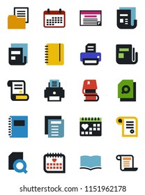 Color and black flat icon set - book vector, notepad, document, printer, contract, medical calendar, folder, news, copybook, search, schedule