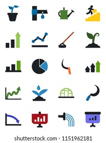 Color and black flat icon set - growth statistic vector, seedling, watering can, sproute, hoe, sickle, greenhouse, drip irrigation, bar graph, pie, point, career ladder, arrow up, crisis