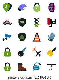 Color and black flat icon set - plane radar vector, alarm car, border cone, lock, glove, boot, hose, heart shield, traffic light, protect, key, intercome, home, surveillance, sprinkler