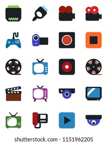 Color and black flat icon set - clapboard vector, reel, tv, gamepad, video camera, play button, stop, rec, hdmi, record, web, intercome, surveillance