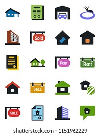 Color and black flat icon set - office building vector, pond, contract, house, with garage, tree, estate document, sale, rent, sold signboard, smart home, insurance, message