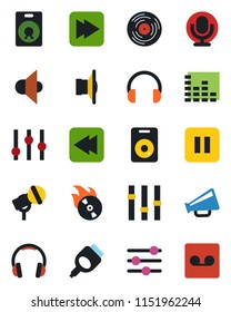 Color and black flat icon set - vinyl vector, flame disk, microphone, speaker, loudspeaker, settings, equalizer, headphones, pause button, fast forward, rewind, hdmi, tuning, record