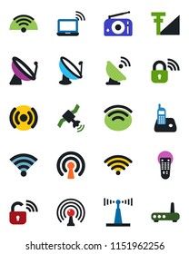 Color and black flat icon set - satellite antenna vector, wireless notebook, radio, remote control, phone, cellular signal, lock, router