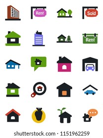 Color and black flat icon set - office building vector, house, real heart, with garage, tree, rent, sold signboard, estate search, smart home, city, eco, message