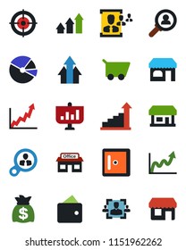 Color and black flat icon set - shop vector, checkroom, growth statistic, money bag, store, pie graph, hr, target, consumer search, arrow up, wallet, cart, presentation, storefront