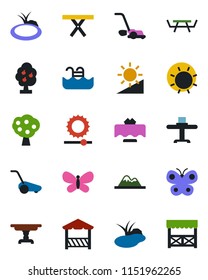 Color and black flat icon set - lawn mower vector, butterfly, sun, pond, picnic table, brightness, pool, fruit tree, mountains, restaurant, alcove