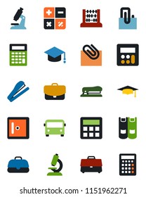 Color and black flat icon set - airport bus vector, checkroom, book, calculator, graduate, abacus, microscope, case, paper clip, stapler