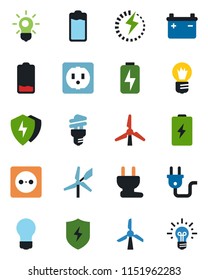 Color and black flat icon set - bulb vector, battery, low, protect, charge, windmill, socket, power plug, energy saving, idea