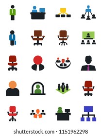 Color and black flat icon set - reception vector, manager, office chair, place, user, company, hierarchy, estate agent, group