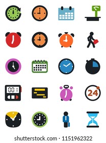Color and black flat icon set - 24 around vector, alarm clock, calendar, heavy scales, stopwatch, manager, schedule, sand