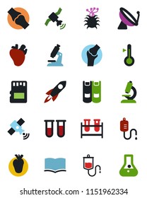 Color and black flat icon set - satellite antenna vector, book, blood test vial, dropper, microscope, real heart, joint, virus, sd, thermometer, rocket, flask