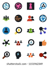 Color and black flat icon set - female vector, team, brainstorm, network, share, group, finger up, user, company, client search, consumer, social media