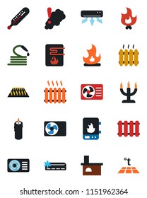 Color and black flat icon set - fire vector, hose, fireplace, thermometer, heater, air conditioner, candle, water, smoke detector, radiator, warm floor
