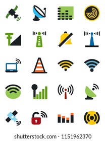 Color and black flat icon set - antenna vector, wireless notebook, border cone, radar, satellite, equalizer, mute, cellular signal, lock
