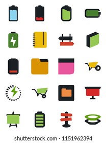 Color and black flat icon set - signpost vector, notepad, presentation board, wheelbarrow, battery, low, folder, charge, blank box, plates