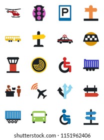 Color and black flat icon set - airport tower vector, plane radar, taxi, bus, parking, passport control, signpost, alarm car, helicopter, disabled, route, traffic light, truck trailer, guidepost