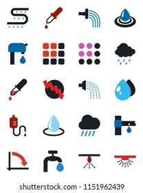 Color and black flat icon set - crisis graph vector, watering, water drop, rain, drip irrigation, dropper, menu, supply, sprinkler