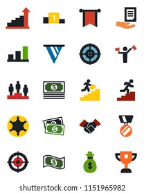 Color and black flat icon set - dispatcher vector, growth statistic, pedestal, medal, document, cash, bar graph, target, handshake, career ladder, police, money bag, pennon, award cup