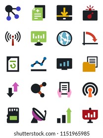 Color and black flat icon set - antenna vector, satellite, bomb in case, growth statistic, crisis graph, document, monitor, reload, diagnosis, folder, network, share, sd, data exchange, download
