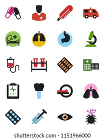 Color and black flat icon set - syringe vector, blood test vial, dropper, thermometer, microscope, pills, blister, tomography, ambulance car, hospital bed, stomach, lungs, implant, eye, doctor