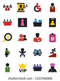 Color and black flat icon set - female vector, vip, baby, team, meeting, manager place, disabled, doctor, pregnancy, group, identity card, hr, career ladder, client search, waiter, cook