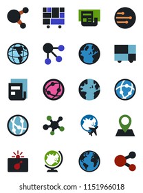 Color and black flat icon set - bomb in case vector, globe, plane, earth, pin, consolidated cargo, network, share, news, social media