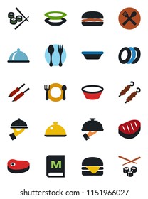 Color and black flat icon set - spoon and fork vector, dish, cafe, menu, plates, waiter, steak, kebab, hamburger, bowl, sushi