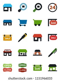 Color and black flat icon set - 24 around vector, shop, pen, store, search cargo, sale, sold signboard, cafe building, open close, cart, storefront