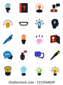 Color and black flat icon set - speaking man vector, pen, brainstorm, bulb, dialog, wine card, hot dog, energy saving, shining head, idea