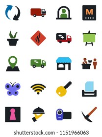 Color and black flat icon set - passport control vector, female, reception, shop, presentation board, seedling, butterfly, pin, car delivery, video camera, update, paper tray, key, moving, wireless