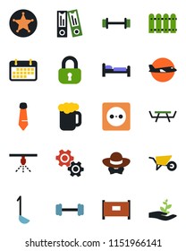 Color and black flat icon set - fence vector, bed, plane, office binder, tie, wheelbarrow, picnic table, barbell, term, lock, beer, dress code, ladle, socket, gear, police, sprinkler, palm sproute