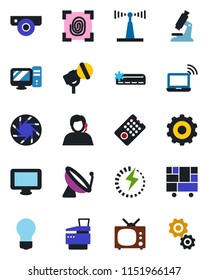 Color and black flat icon set - satellite antenna vector, wireless notebook, gear, bulb, microscope, support, consolidated cargo, microphone, monitor, mobile camera, charge, copier, air conditioner