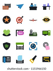 Color and black flat icon set - plane vector, saw, heart, cargo container, touch screen, eye id, office phone, manager desk, paper tray, rent, alcove, pc, scan, home protect, police, target