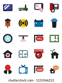 Color and black flat icon set - bird house vector, tv, plan, sale, sold signboard, estate agent, sweet home, eco, fan, wireless, router, intercome, control app, water filter, battery, alarm led