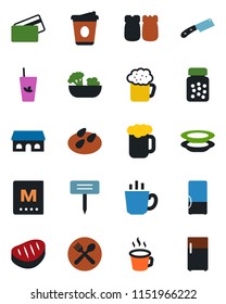 Color and black flat icon set - coffee vector, plant label, seeds, pills bottle, fridge, cafe, menu, phyto bar, beer, salad, plates, salt and pepper, building, credit card, steak, knife
