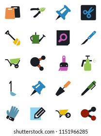 Color and black flat icon set - document search vector, drawing pin, job, pencil, trowel, watering can, wheelbarrow, pruner, glove, garden sprayer, scalpel, share, themes, cut, pen, ladle