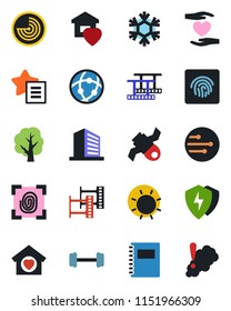 Color and black flat icon set - radar vector, office building, tree, sun, barbell, heart hand, satellite, film frame, favorites list, protect, network, fingerprint id, copybook, sweet home