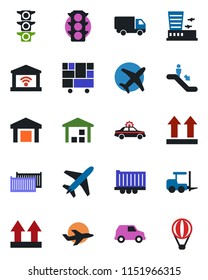 Color and black flat icon set - plane vector, escalator, alarm car, fork loader, airport building, traffic light, truck trailer, cargo container, delivery, consolidated, up side sign, warehouse