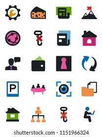 Color and black flat icon set - parking vector, female, hierarchy, meeting, house, folder document, no hook, network, speaker, update, root setup, news, cheese, eye scan, motivation, wallet