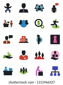 Color and black flat icon set - passport control vector, female, baby, room, speaking man, pedestal, manager place, run, hospital, doctor, pregnancy, client, group, hr, company, estate agent