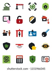 Color and black flat icon set - barrier vector, passport control, security gate, identity card, hose, shield, protect, eye id, key, lock, estate insurance, home, app, combination, sprinkler
