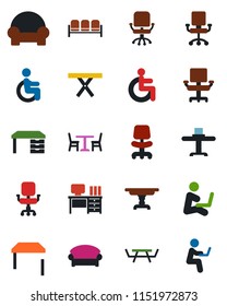 Color and black flat icon set - cafe vector, waiting area, office chair, desk, picnic table, disabled, cushioned furniture, restaurant, man with notebook